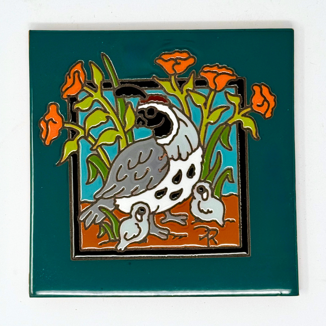 Quail & Poppies - Earthtones Tile - Ceramic tile house sign, wall art gift or kitchen trivet