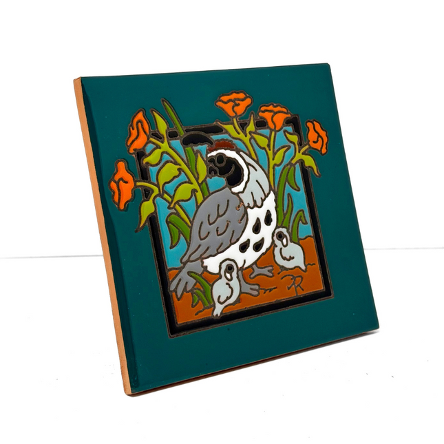 Quail & Poppies - Earthtones Tile - Ceramic tile house sign, wall art gift or kitchen trivet