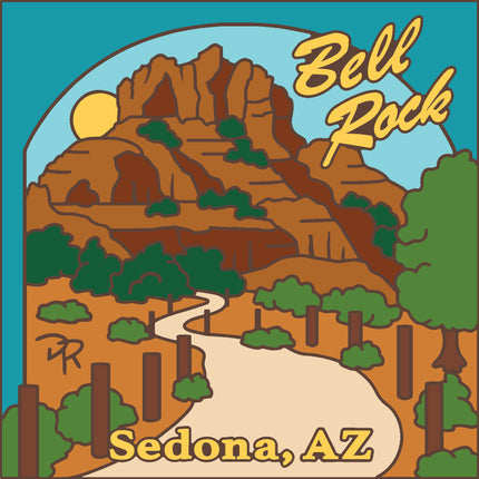 Illustration of Bell Rock in Sedona, AZ with a winding road and trees. Bell Rock, Sedona Arizona Tile | Perfect AZ Souvenir Gift