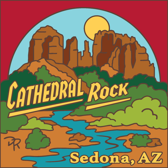 Illustration of Cathedral Rock in Sedona, AZ with a red border. Sedona Cathedral Rock Tile – 6"x6" Hand-Glazed Ceramic Trivet or Wall Art | Arizona Souvenir Gift for Hikers and Travelers