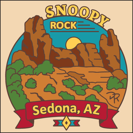 Illustration of a desert landscape with mountains and greenery, featuring 'Snoopy Rock' and 'Sedona, AZ'. Sedona Snoopy Rock Tile – 6"x6" Hand-Glazed Ceramic Trivet or Wall Art | Arizona Souvenir Gift for Hikers & Travelers