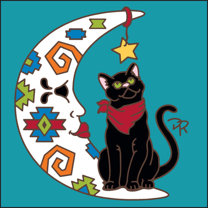 Black cat with a red bandana sitting on a colorful crescent moon and star against a teal background.