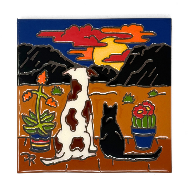 Dog and Cat Sunset View - Earthtones Tile - Ceramic tile house sign, wall art gift or kitchen trivet