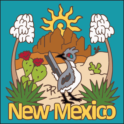 Illustration of New Mexico with a roadrunner, cacti, and sun on a teal background, New Mexico Desert View ceramic tile | Southwest Art Gift | NM Souvenir with Roadrunner and Yucca