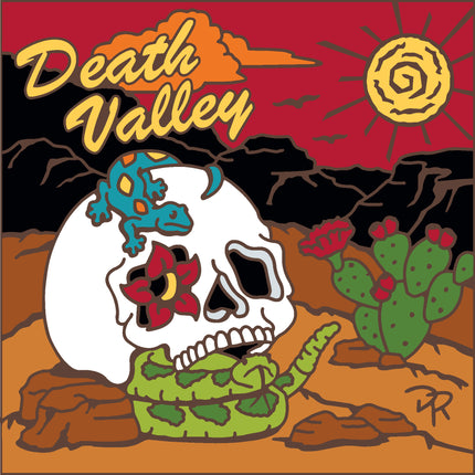 Cartoon skull with cactus and lizard in a desert setting with 'Death Valley' text. Death Valley Friends of the Desert Skull | Ceramic Tile Trivet Art | California Travel Gift