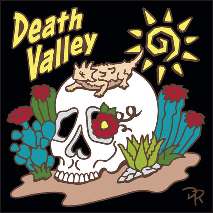 Cartoonish skull with flowers and cacti, surrounded by text and a sun, on a black background. Death Valley Cactus Garden Skull Tile | Ceramic Tile Trivet Art | California Travel Gift