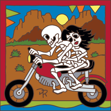 Skeletal couple riding a motorcycle with a desert landscape in the background, Day of the Dead Biker Couple Tile | Dia de los Muertos Art | Hand Glazed Tile Trivet | Southwestern Wall Decor | Family Memorial Motorcycle Gift