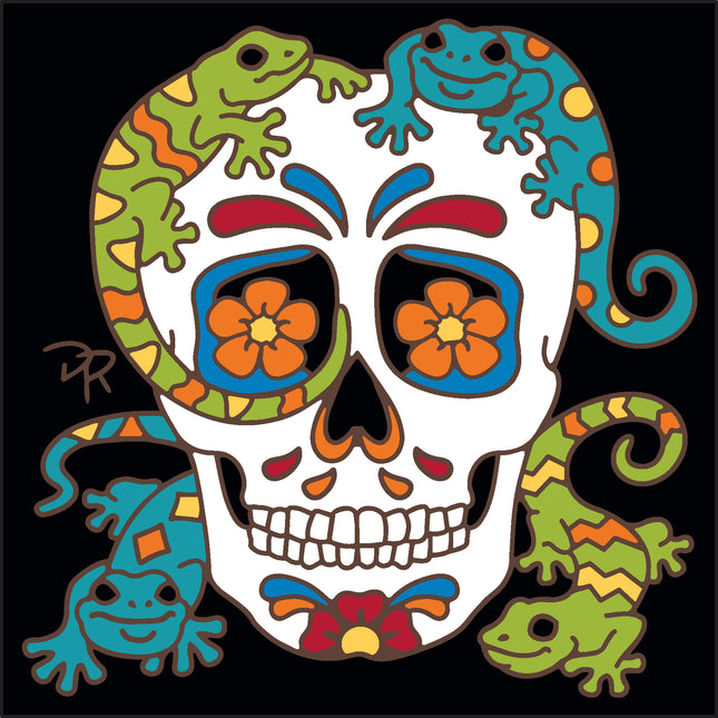 Colorful skull design with lizards on a black background, Day of the Dead Gecko Skull Tile |  Ceramic Trivet | Gecko Art Gift for Dia de los Muertos
