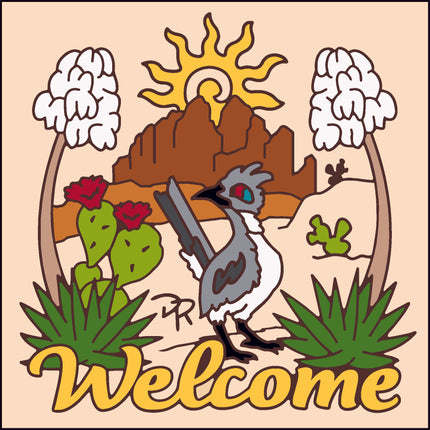 Desert scene with a roadrunner, cacti, and mountains, featuring the word 'Welcome'.