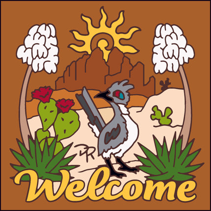 Desert scene with a roadrunner, cacti, and 'Welcome' text on a brown background