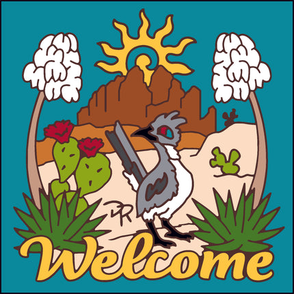 Illustration of a desert scene with a roadrunner, cacti, and a sun, featuring the word 'Welcome'.