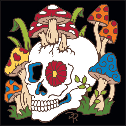 Colorful skull design with mushrooms on a black background, Day of the Dead Mushroom Skull Tile |  Ceramic Trivet | Forest Art Gift for Dia de los Muertos