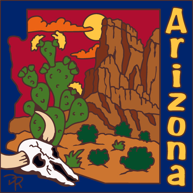 Map of Arizona with desert landscape, cactus, and skull on a blue border with 'Arizona' text. Arizona State Namedrop Skull with Desert Tile | Perfect AZ Desert Souvenir Gift 