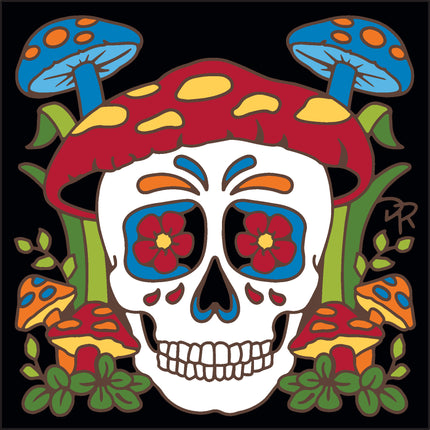 Colorful skull with flower eyes surrounded by mushrooms on a black background, Day of the Dead Groovy Mushroom Cap Tile | Ceramic Trivet | Forest Art Gift for Dia de los Muertos & Mycophiles
