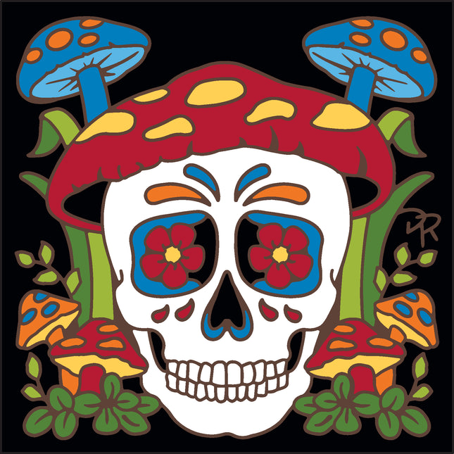 Colorful skull with flower eyes surrounded by mushrooms on a black background, Day of the Dead Groovy Mushroom Cap Tile | Ceramic Trivet | Forest Art Gift for Dia de los Muertos & Mycophiles