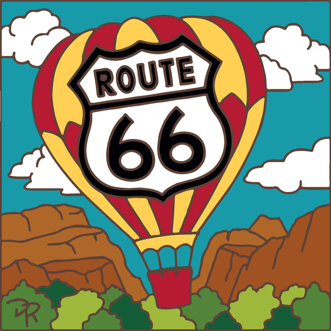 Hot air balloon shaped like a Route 66 sign with a desert landscape in the background, Route 66 Hot Air Balloon Ceramic Tile | New Mexico Gift | Southwestern Wall Decor | Colorful Kitchen Trivet