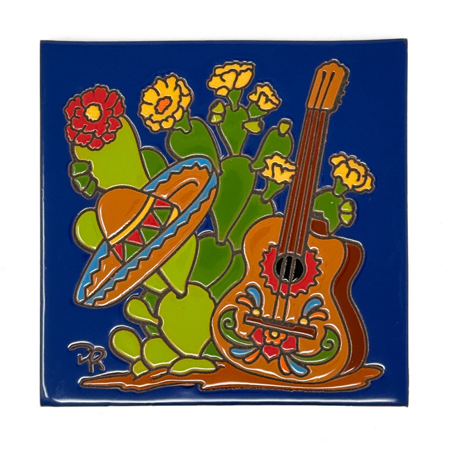 Guitar and Sombrero - Earthtones Tile - Ceramic tile house sign, wall art gift or kitchen trivet
