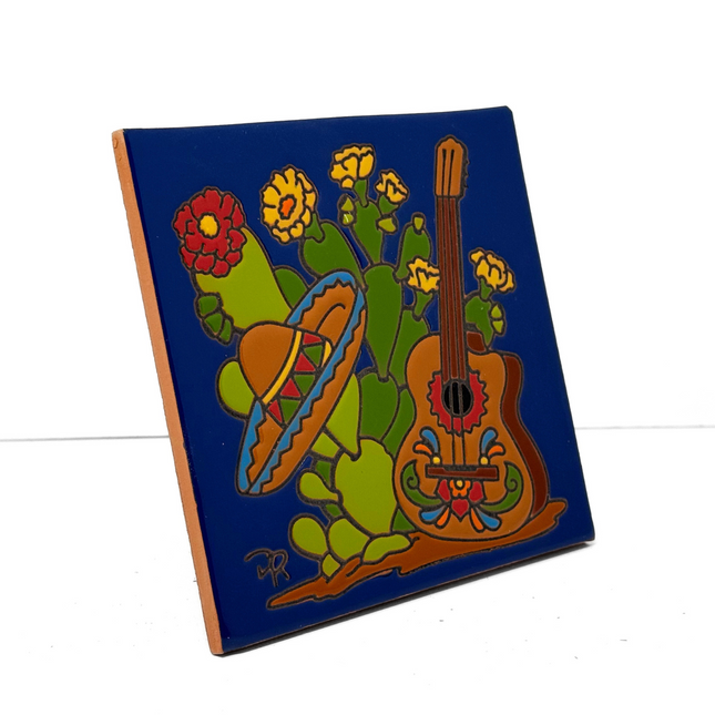 Guitar and Sombrero - Earthtones Tile - Ceramic tile house sign, wall art gift or kitchen trivet