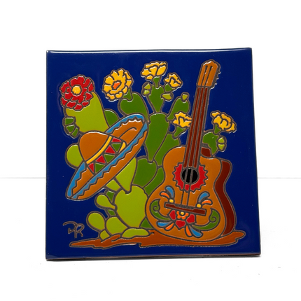 Guitar and Sombrero - Earthtones Tile - Ceramic tile house sign, wall art gift or kitchen trivet