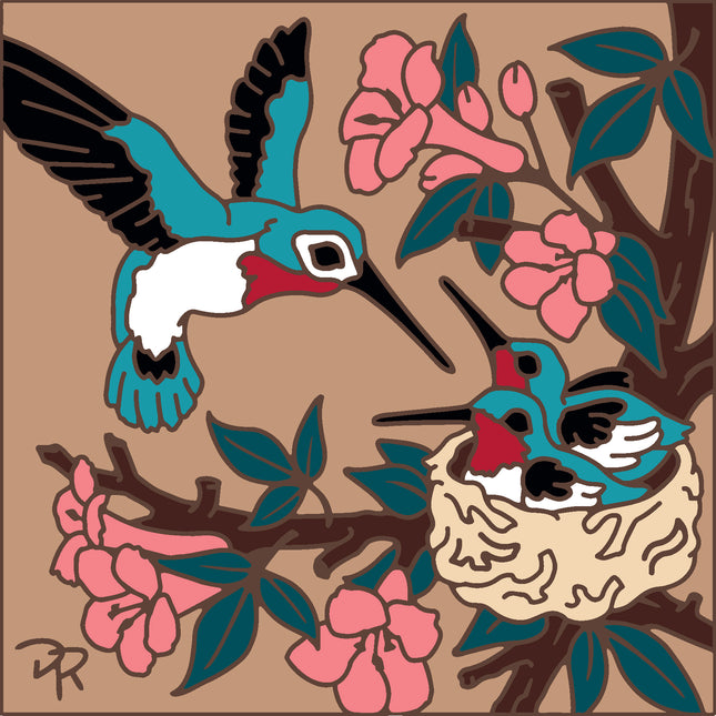 Illustration of a hummingbird near a nest with pink flowers on a brown background, A Perfect Gift for Hummingbird Lovers | Hand-Glazed Hummingbird Nest Tile