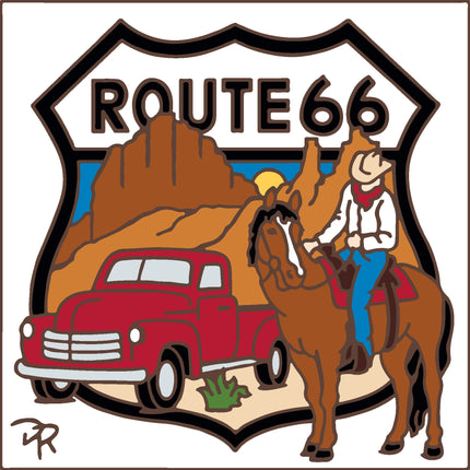 Route 66 logo with a red truck and cowboy on a horse against a desert landscape. Route 66 Cowboy and Vintage RedPickup Truck Tile | Ceramic Tile Art | Travel Gift