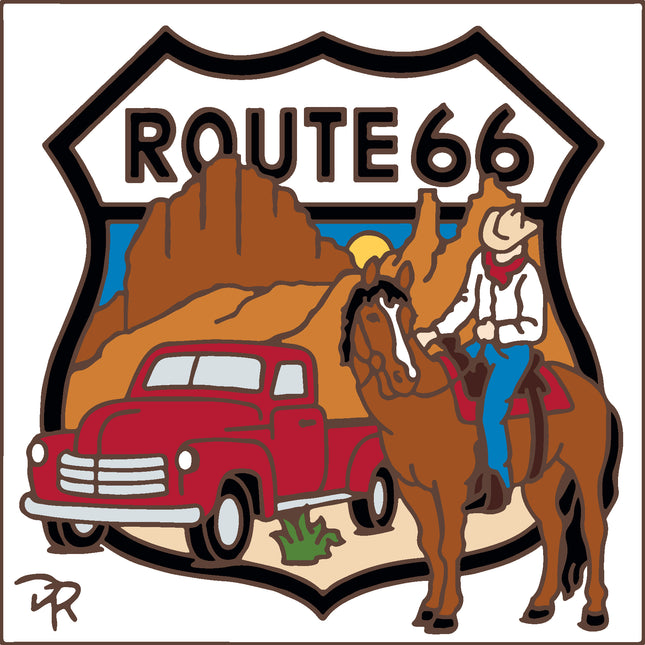 Route 66 logo with a red truck and cowboy on a horse against a desert landscape. Route 66 Cowboy and Vintage RedPickup Truck Tile | Ceramic Tile Art | Travel Gift
