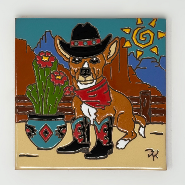 The Doog - Doggie Cowboy - Earthtones Tile - Ceramic tile house sign, wall art gift or kitchen trivet