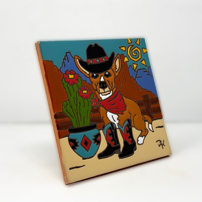 The Doog - Doggie Cowboy - Earthtones Tile - Ceramic tile house sign, wall art gift or kitchen trivet