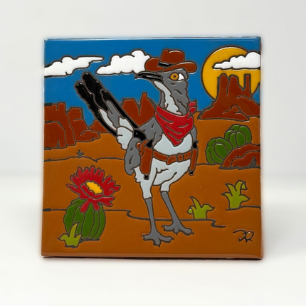 Wild West Roadrunner - Earthtones Tile - Ceramic tile house sign, wall art gift or kitchen trivet
