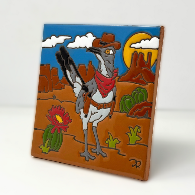 Wild West Roadrunner - Earthtones Tile - Ceramic tile house sign, wall art gift or kitchen trivet
