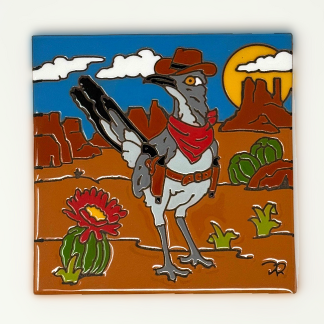 Wild West Roadrunner - Earthtones Tile - Ceramic tile house sign, wall art gift or kitchen trivet