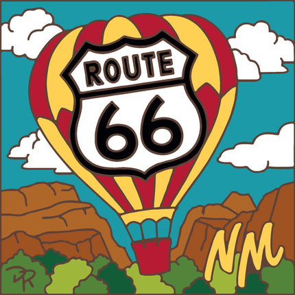 Hot air balloon shaped like a Route 66 sign with mountains and 'NM' in the background, New Mexico Route 66 Hot Air Balloon Tile | Colorful Ceramic Souvenir | New Mexico Gift | Southwestern Wall Decor