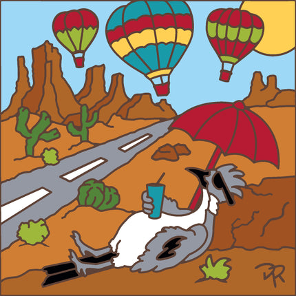 Cartoon scene of a road in a desert with hot air balloons and a bird drinking from a cup.  Roadrunner's Balloon Festival Tile | Colorful Ceramic Souvenir | New Mexico Gift | Southwestern Wall Decor