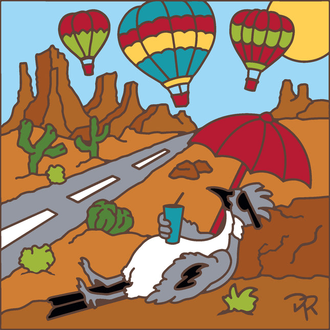 Cartoon scene of a road in a desert with hot air balloons and a bird drinking from a cup.  Roadrunner's Balloon Festival Tile | Colorful Ceramic Souvenir | New Mexico Gift | Southwestern Wall Decor