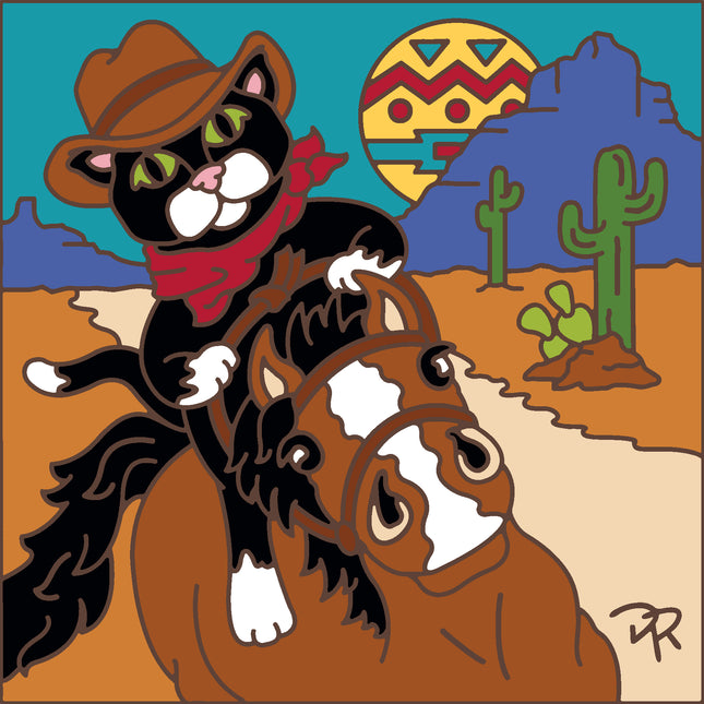 Cartoon cat in a cowboy hat riding a horse with a desert landscape in the background, Giddy Up Kitty Cat and Pony Tile Art Gift for Pet Lovers - Southwest Cat gift