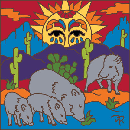 Colorful illustration of a desert landscape with mountains, sun, cacti, and animals. Javelina Family Under Talavera Sun Tile | Southwest Desert Ceramic tile art gift