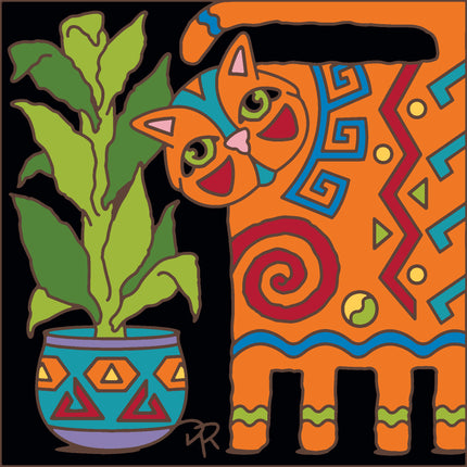 Colorful abstract painting of a cat and a plant with geometric patterns. Deco Cat with Potted Plant | Tile Art Gift for Pet Lovers - Southwest Cat gift