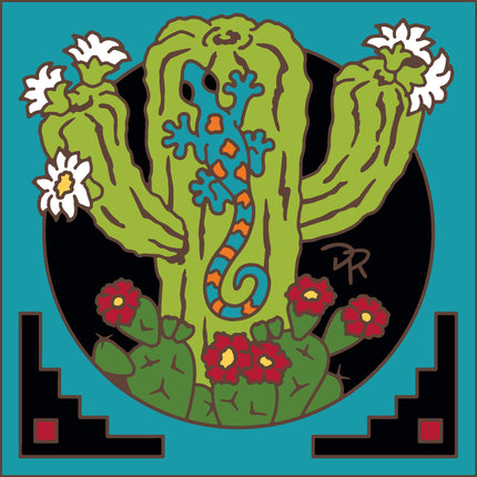 Colorful cactus illustration with flowers on a teal background,  Flowering Cactus with Gecko Tile | Reptile Art Gift | Ceramic Tile Trivet | Desert Wall Decor