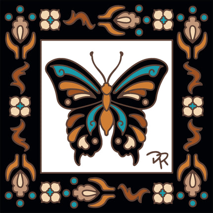 Butterfly design with decorative border on a black background, Butterfly with Floral Border - Ceramic Tile Art Gift for Nature Lovers - Southwest Garden Gift