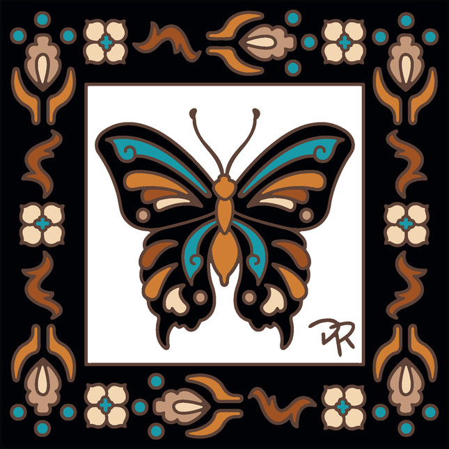Butterfly design with decorative border on a black background, Butterfly with Floral Border - Ceramic Tile Art Gift for Nature Lovers - Southwest Garden Gift
