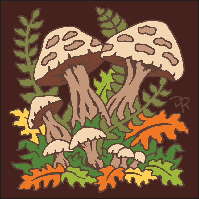 Illustration of mushrooms and leaves on a brown background, Deco Mushrooms and Foliage Tile Art Trivet | Kitchen Trivet | Unique Mushroom Lovers Gift | Floral Decor