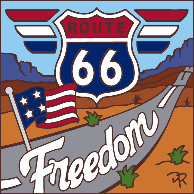 Route 66 sign with American flag and desert landscape, Route 66 Freedom Tile | Ceramic Tile Trivet Art Gift | Travel Gift | Loose Ceramic Tile