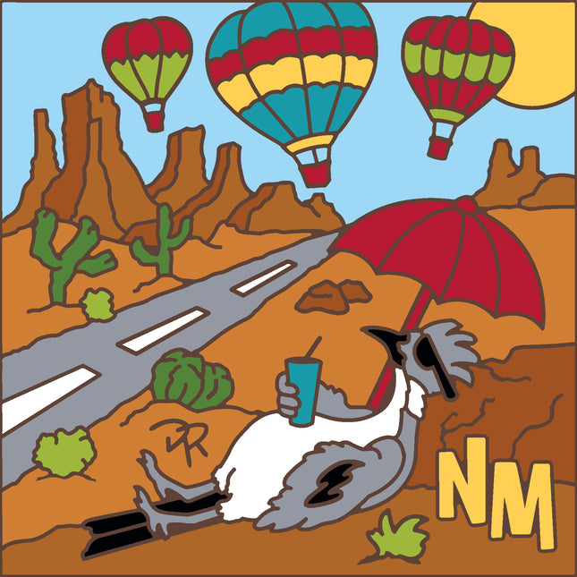 Cartoon scene of a road trip in New Mexico with hot air balloons and a road sign. NM Roadrunner's Balloon Festival Tile | Colorful Ceramic Souvenir | New Mexico Gift | Southwestern Wall Decor