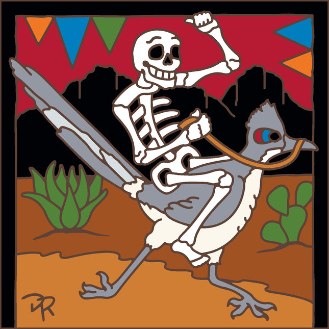 Skeleton riding a bird with a colorful desert landscape background