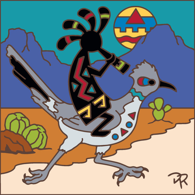 Colorful illustration of a bird-like creature with abstract design elements in a desert landscape. Kokopelli Riding Roadrunner Ceramic Tile | Kitchen Trivet | Desert Souvenir | Southwest Kitchen Gift