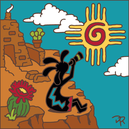 Kokopelli and zia and cacti in a desert setting