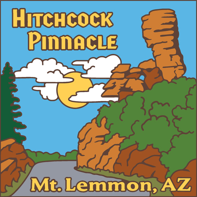 Cartoon illustration of Hitchcock Pinnacle with a road leading to it, set against a blue sky with clouds and sun. Mt Lemmon Arizona