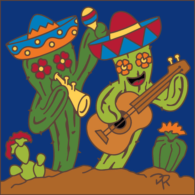 Colorful illustration of two cacti playing music with sombreros on a blue background, Cactus Mariachis - Southwest Arizona ceramic tile art trivet | Colorful and Unique Kitchen Gift for Music Lovers