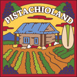 Colorful illustration of a cabin in a field with 'Pistachioland' text on a red background, New Mexico PistachioLand ceramic tile | Southwest Art Gift | NM Souvenir for Pistachio Lovers