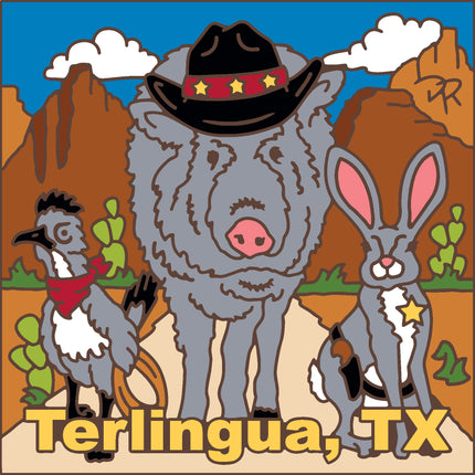Cartoon animals in a desert landscape with 'Terlingua, TX' text, Terlingua, Texas Souvenir: Desert Posse Tile - Wild West Gift with Javelina, Roadrunner and Rabbit